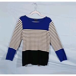 Cable & Gauge Women’s Blue Black White Striped Long Sleeve Sweater Rayon Blend